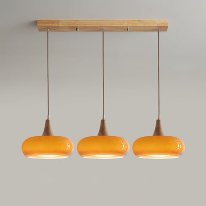 Suspension Lampe Bois | Abat-Jour Verre Ambre | LED Cable Réglable | Charlotte
