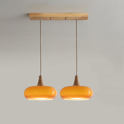 Suspension Lampe Bois | Abat-Jour Verre Ambre | LED Cable Réglable | Charlotte