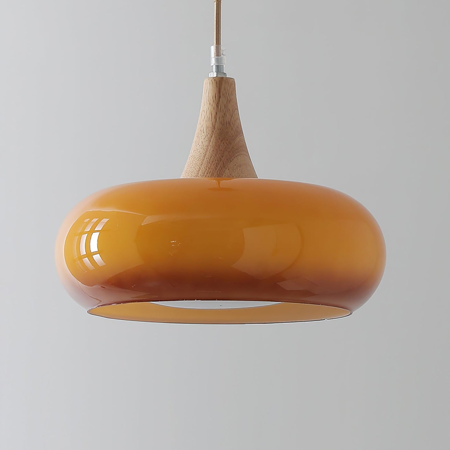 Suspension Lampe Bois | Abat-Jour Verre Ambre | LED Cable Réglable | Charlotte