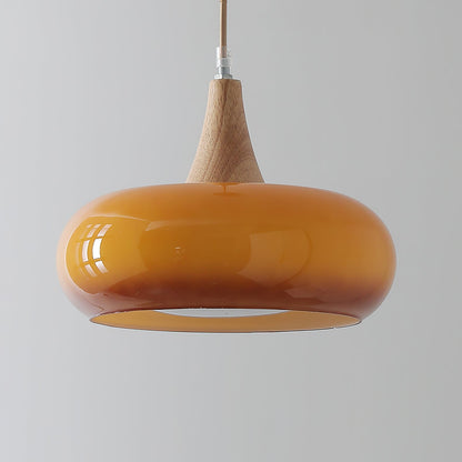 Suspension Lampe Bois | Abat-Jour Verre Ambre | LED Cable Réglable | Charlotte