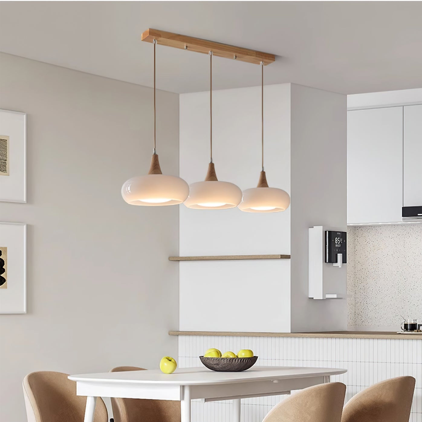 Suspension Lampe Bois | Abat-Jour Verre Ambre | LED Cable Réglable | Charlotte