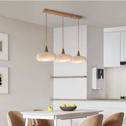 Suspension Lampe Bois | Abat-Jour Verre Ambre | LED Cable Réglable | Charlotte