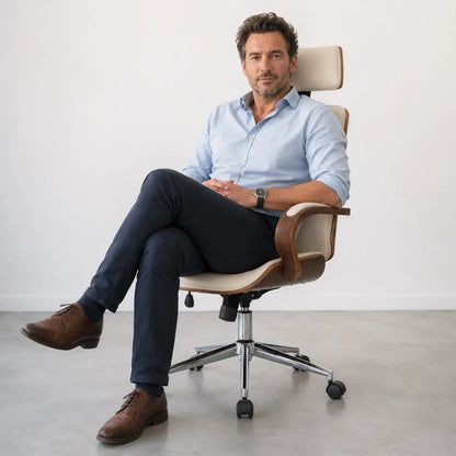 Chaise de Bureau Ergonomique en Similicuir Crème avec Dossier Soutien Lombaire | Design Contemporain pour Confort Optimal