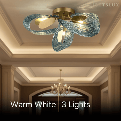 Lustre Chandelier Art Déco Verre Paon Bleu | LED G9 3 Lumières | Série Éclipse