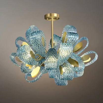 Lustre Chandelier Art Déco Verre Paon Bleu | LED G9 3 Lumières | Série Éclipse