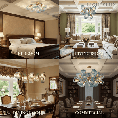Lustre Chandelier Art Déco Verre Paon Bleu | LED G9 3 Lumières | Série Éclipse