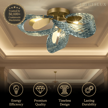 Lustre Chandelier Art Déco Verre Paon Bleu | LED G9 3 Lumières | Série Éclipse