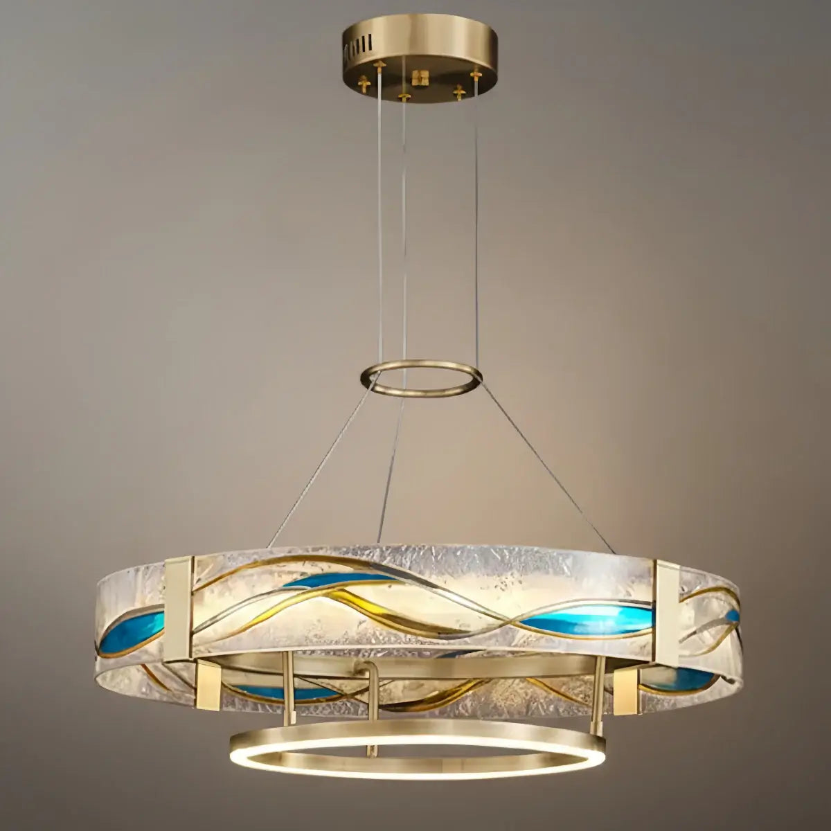 Lustre Suspension | Art Déco Laiton Brossé | LED Intégré, Câble Flottant