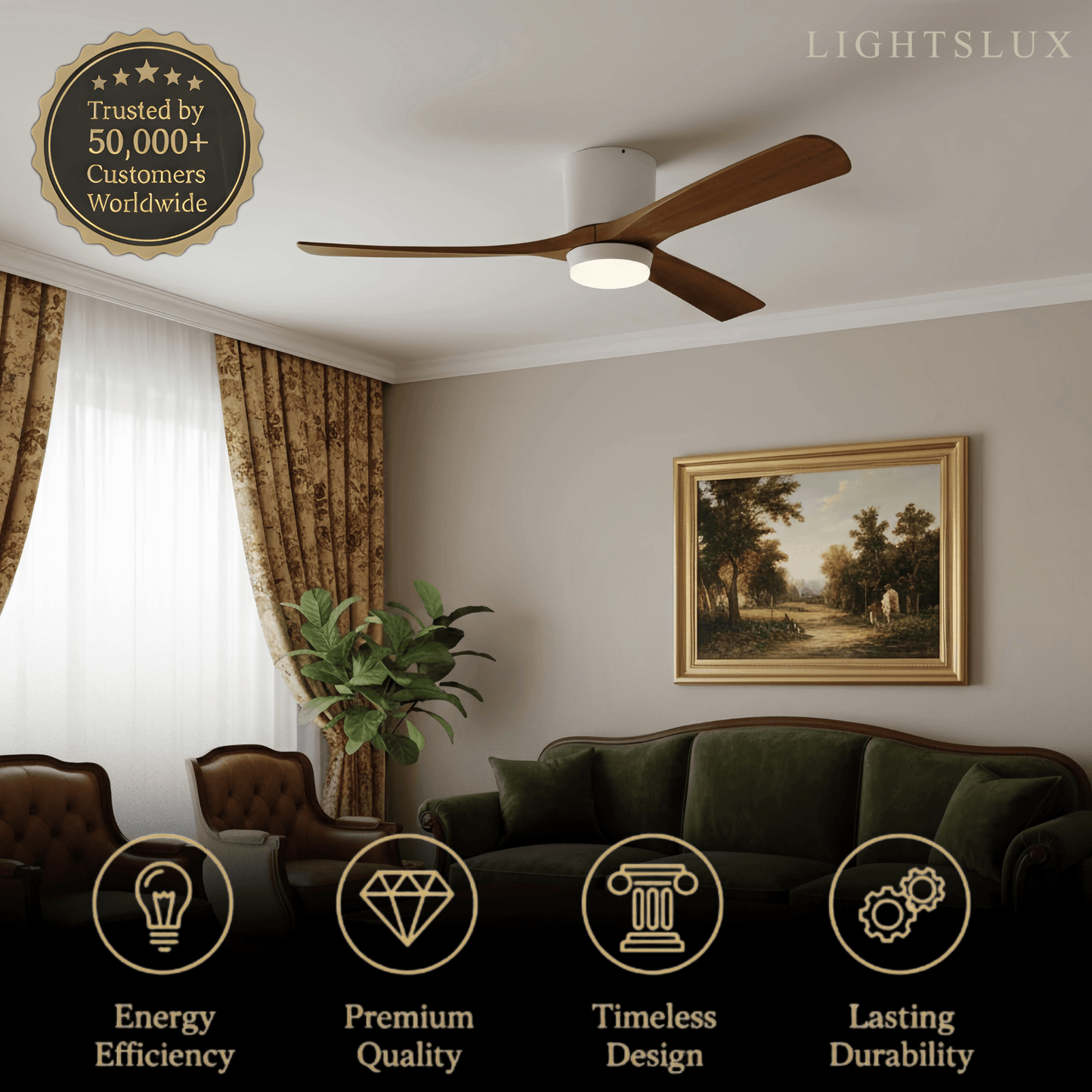 Ventilateur de Plafond Scandinave Bois | LED Intégrée, Flux d'Air Silencieux
