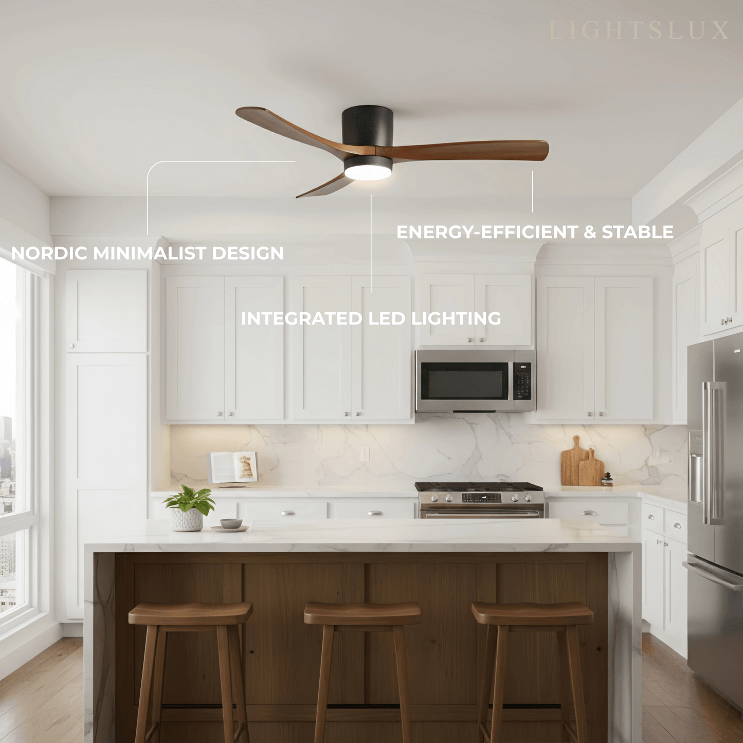 Ventilateur de Plafond Scandinave Bois | LED Intégrée, Flux d'Air Silencieux