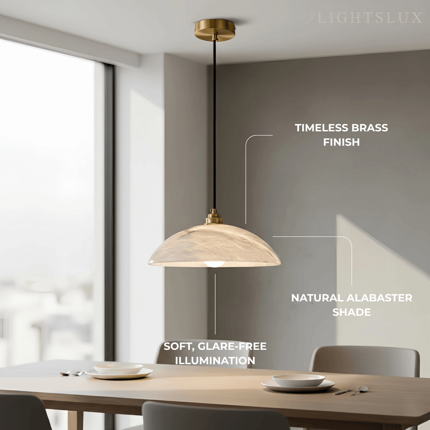 Lampe Suspendue Albâtre & Laiton | Réglable en Intensité, Câble Réglable 150 cm