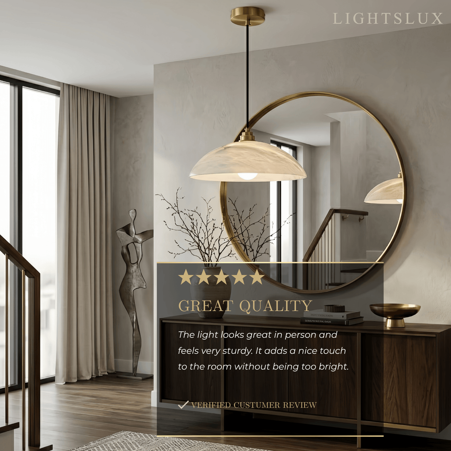 Lampe Suspendue Albâtre & Laiton | Réglable en Intensité, Câble Réglable 150 cm