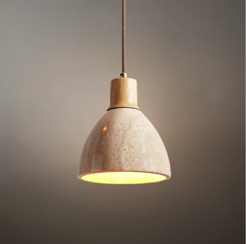 Lustre Suspension Pierre Travertin et Bois | Éclairage ciblé, câble réglable