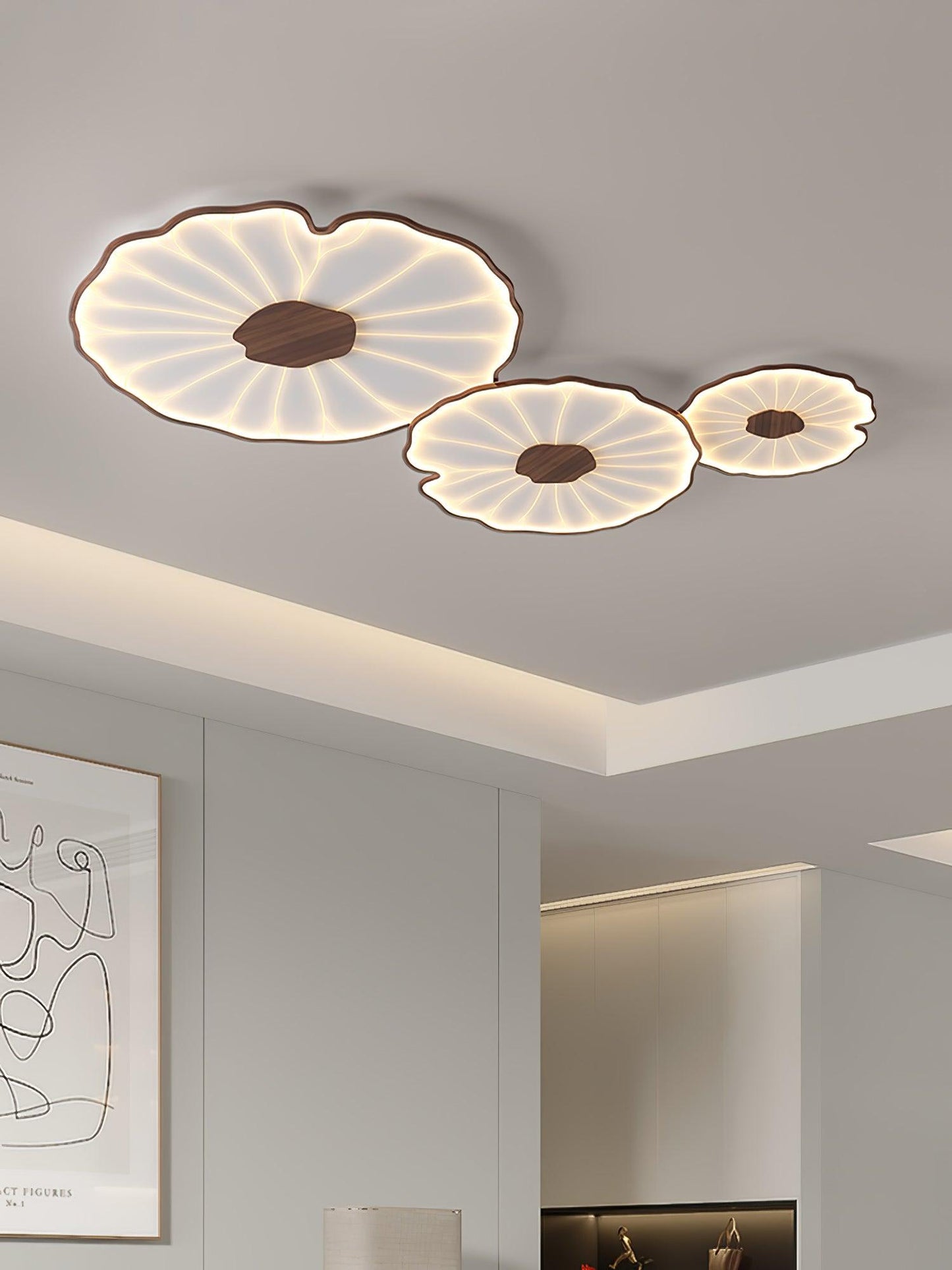 Lotus Plafonnier Bois Noyer | LED Intégrée 3 Têtes | Série Équilibre Naturel