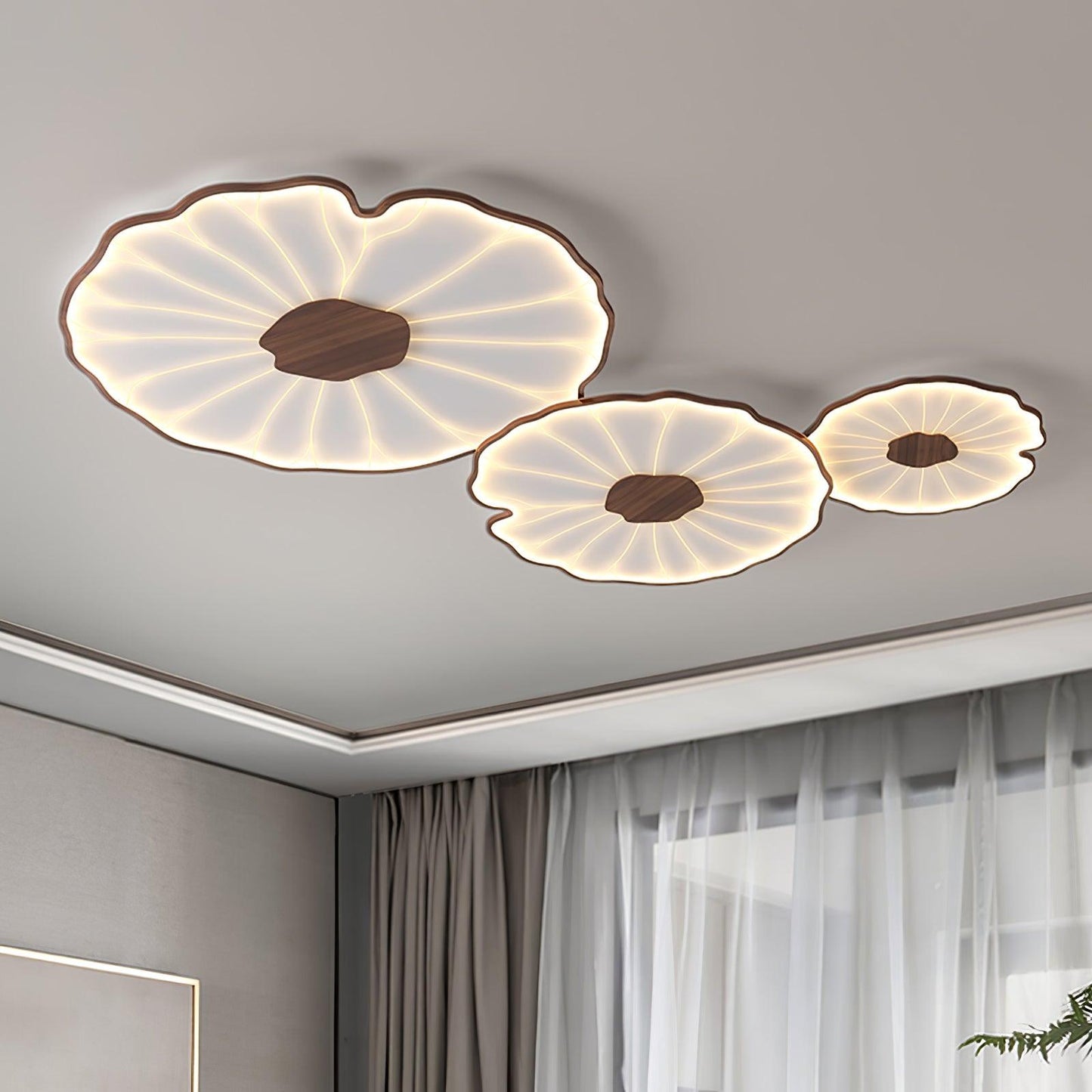 Lotus Plafonnier Bois Noyer | LED Intégrée 3 Têtes | Série Équilibre Naturel
