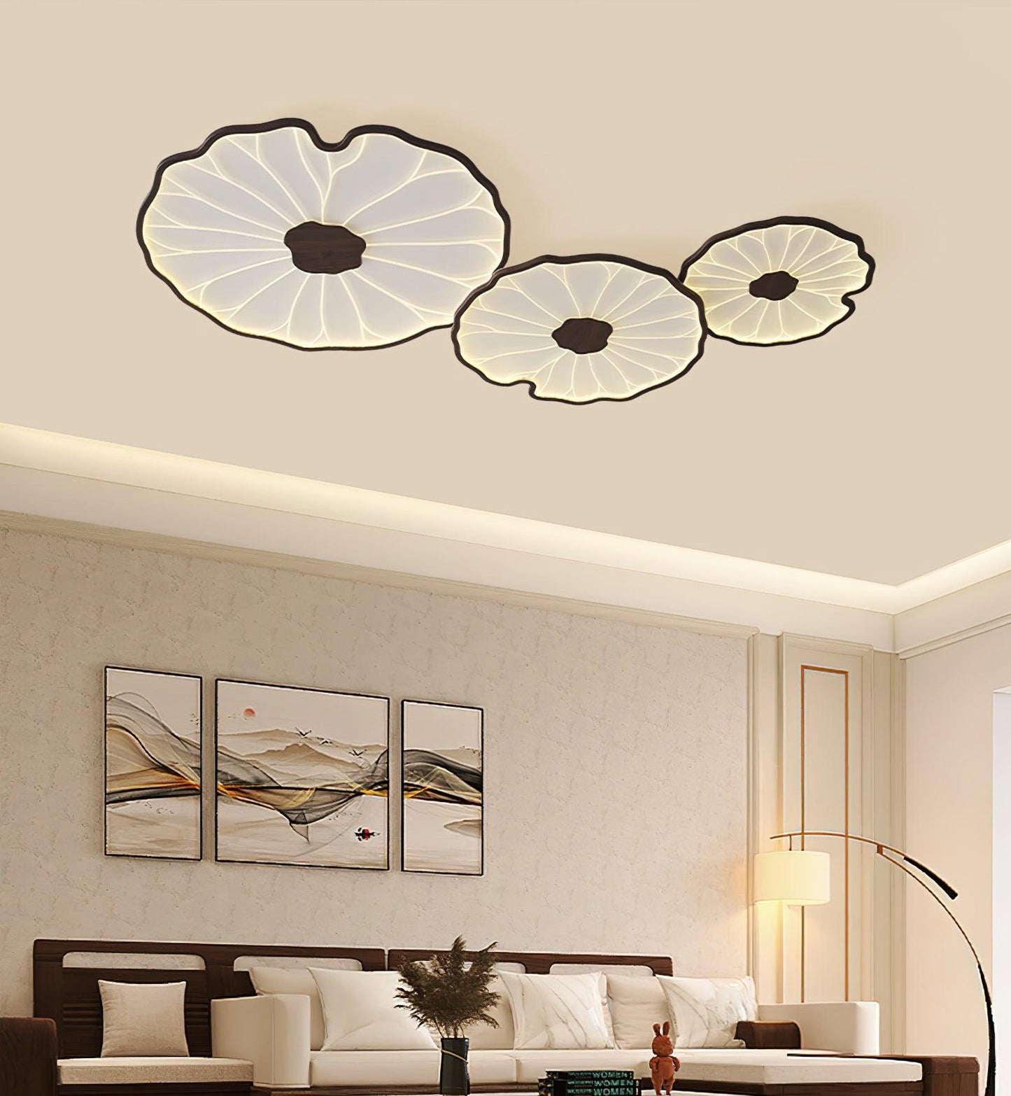 Lotus Plafonnier Bois Noyer | LED Intégrée 3 Têtes | Série Équilibre Naturel