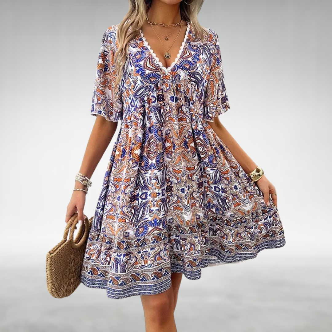 Robe Boho Courte Ethnique | Décolleté en V | Jupon à Volants