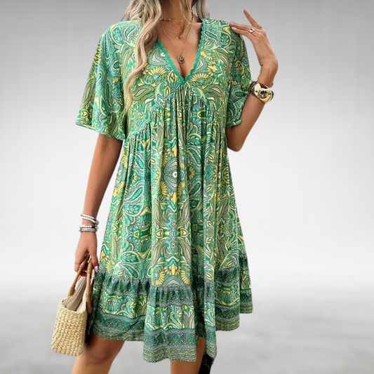 Robe Boho Courte Ethnique | Décolleté en V | Jupon à Volants