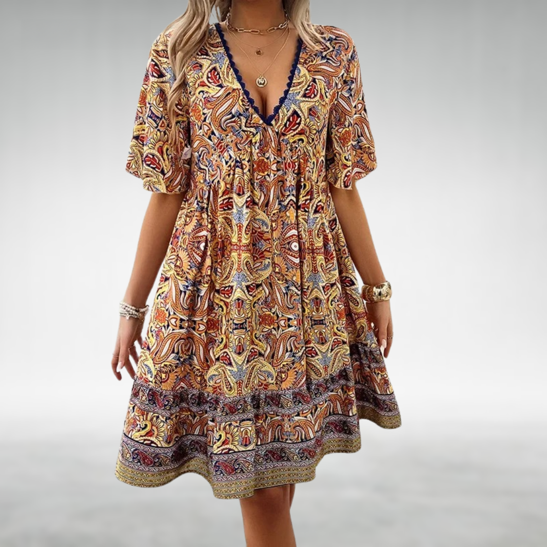 Robe Boho Courte Ethnique | Décolleté en V | Jupon à Volants