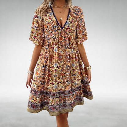 Robe Boho Courte Ethnique | Décolleté en V | Jupon à Volants