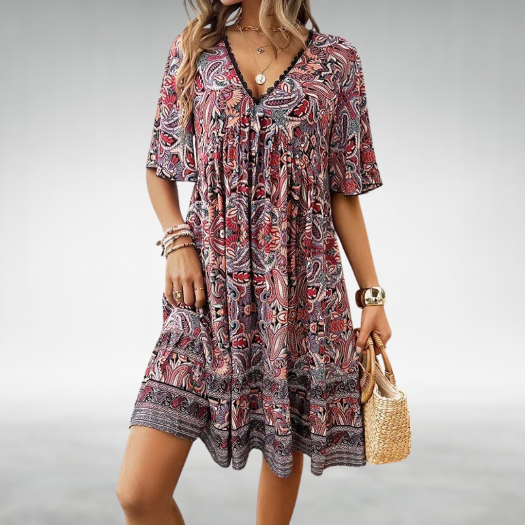 Robe Boho Courte Ethnique | Décolleté en V | Jupon à Volants