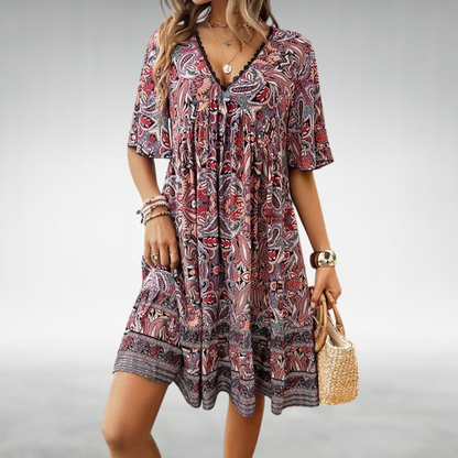 Robe Boho Courte Ethnique | Décolleté en V | Jupon à Volants