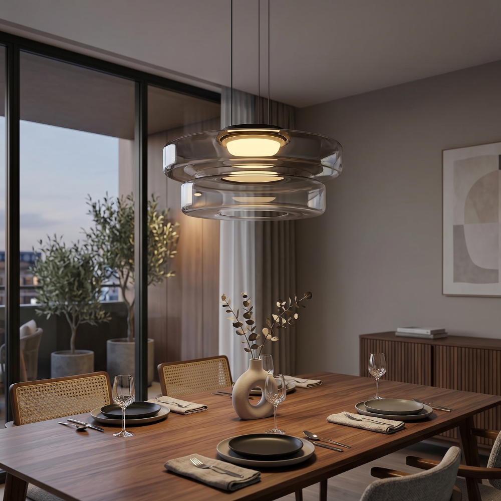 Suspension Verre Noir Minimaliste | Hauteur Réglable LED Intégrée