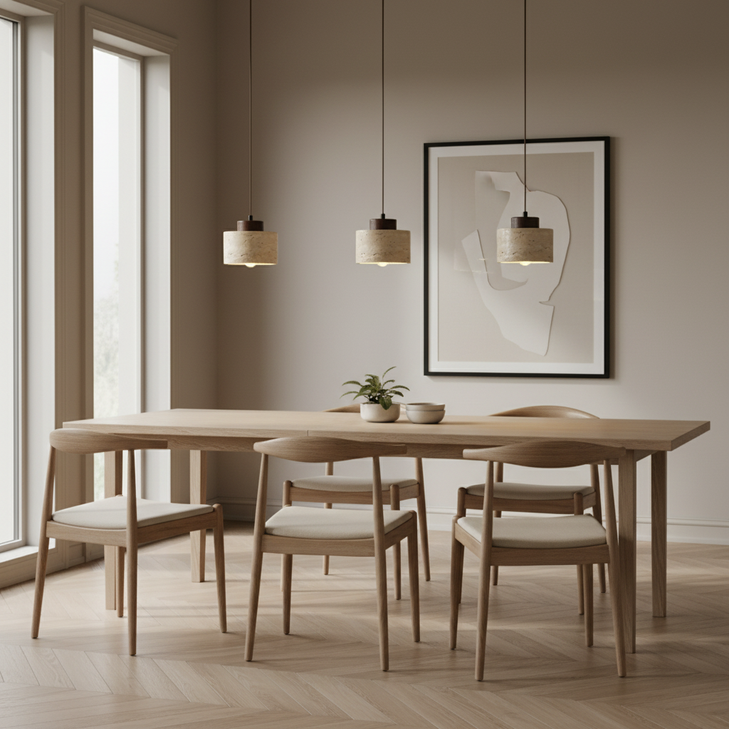Lustre Travertin Naturel Nordique | Pendentif à Cordon, Durable | Série PureLine