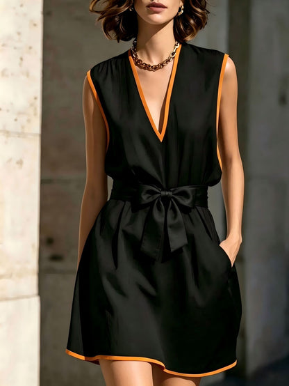 Robe Sans Manches Col en V Polyester | Taille Cintrée Lacets | Élégance Noire