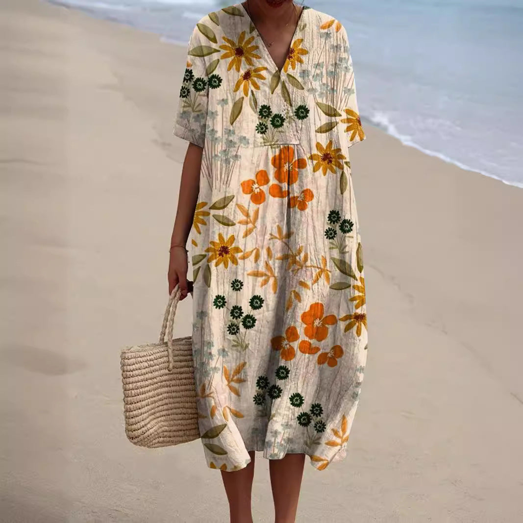 Robe Maxi Floral | Col V Manches Courtes | Ligne Florale