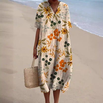 Robe Maxi Floral | Col V Manches Courtes | Ligne Florale