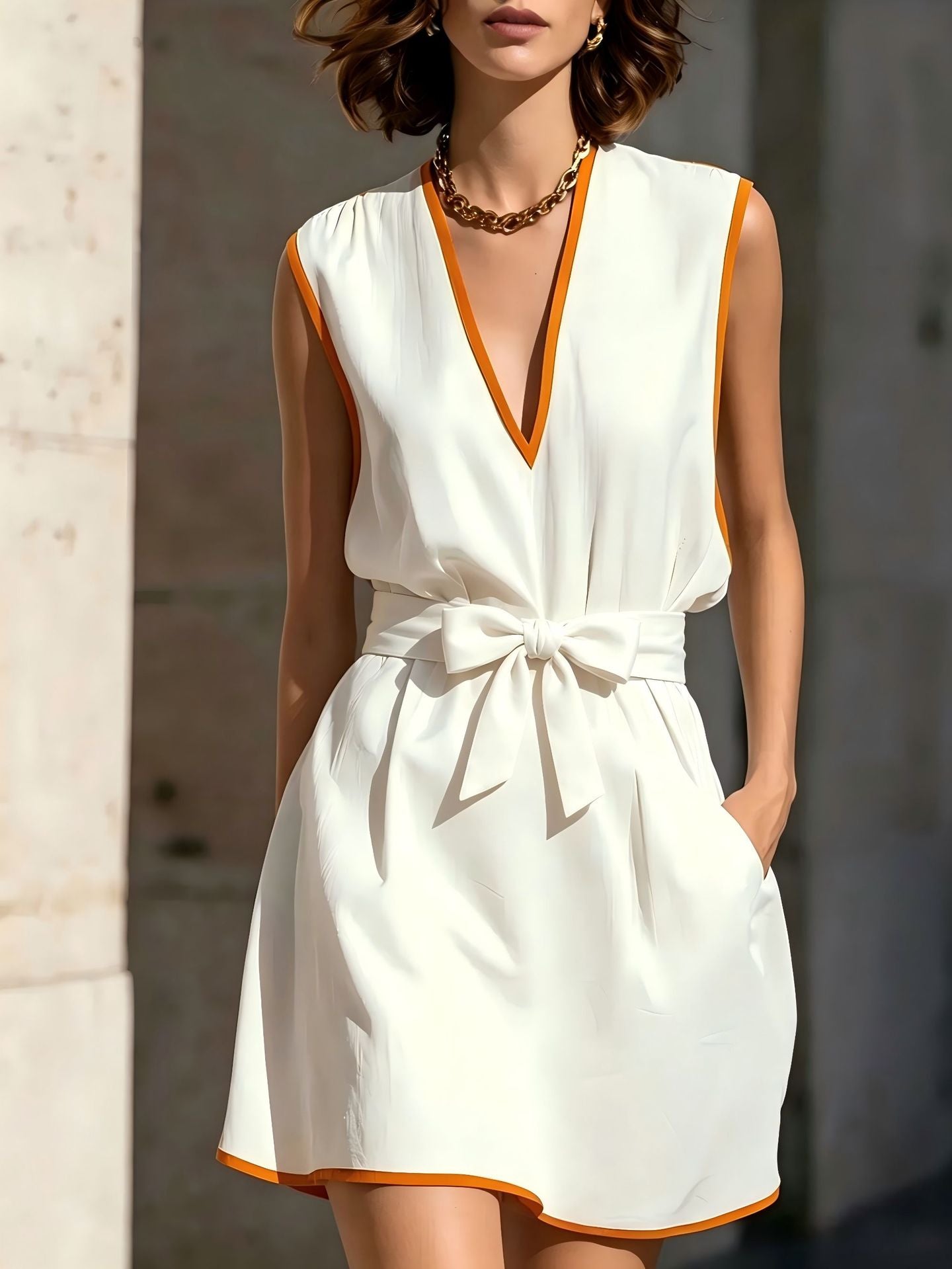 Robe Sans Manches Col en V Polyester | Taille Cintrée Lacets | Élégance Noire