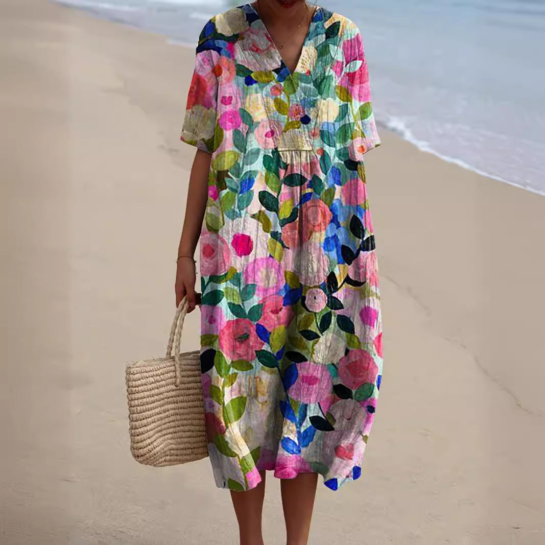 Robe Maxi Floral | Col V Manches Courtes | Ligne Florale