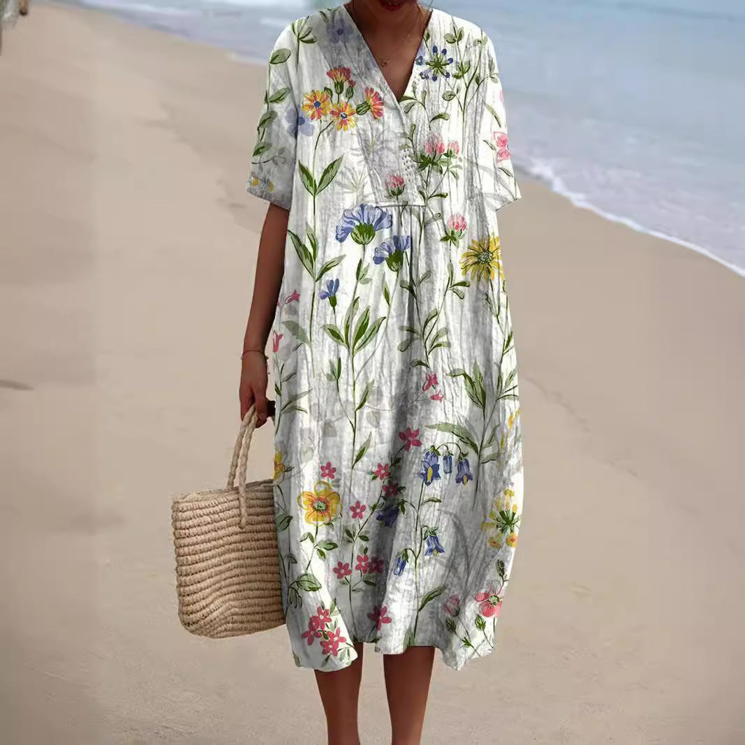 Robe Maxi Floral | Col V Manches Courtes | Ligne Florale