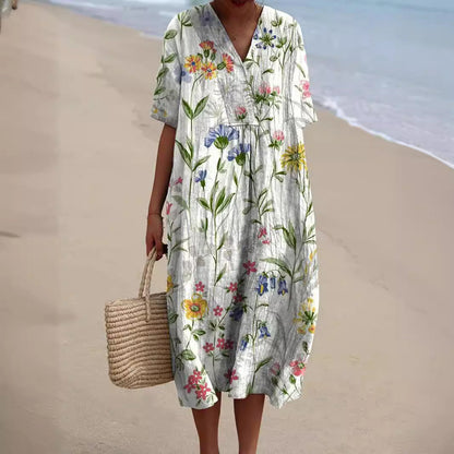 Robe Maxi Floral | Col V Manches Courtes | Ligne Florale
