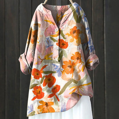 Blouse Artistique Motif Fleuri | Coupe Ample Manches Retroussables | Ligne Zen