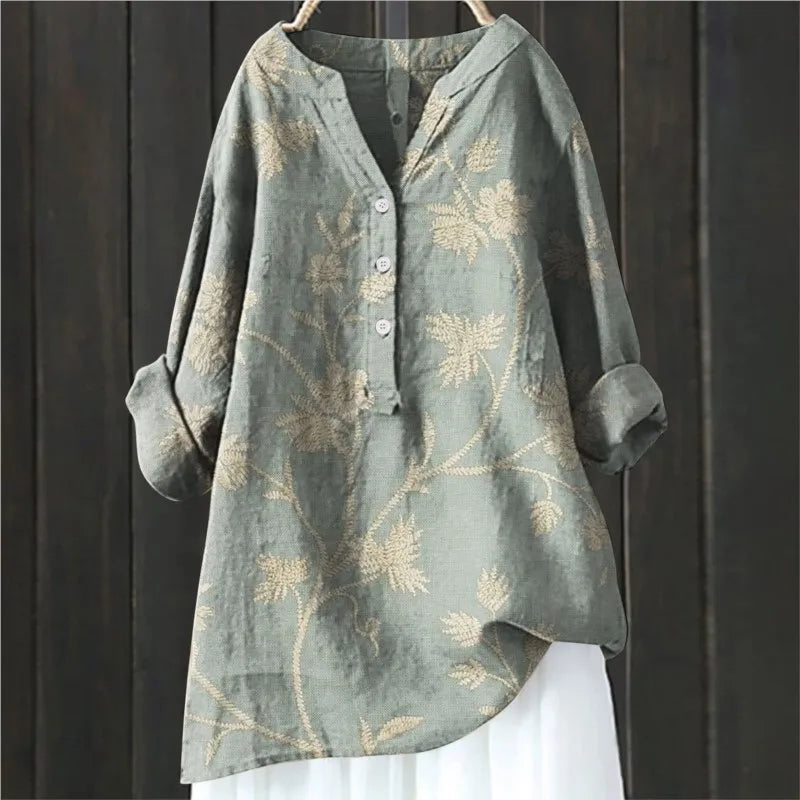 Blouse Artistique Motif Fleuri | Coupe Ample Manches Retroussables | Ligne Zen