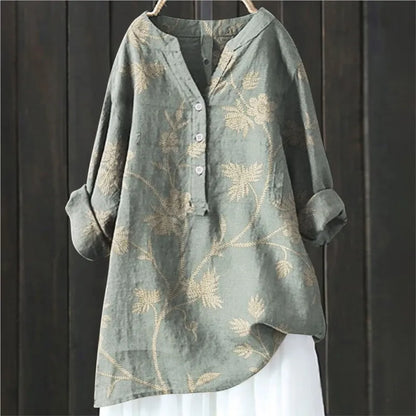 Blouse Artistique Motif Fleuri | Coupe Ample Manches Retroussables | Ligne Zen