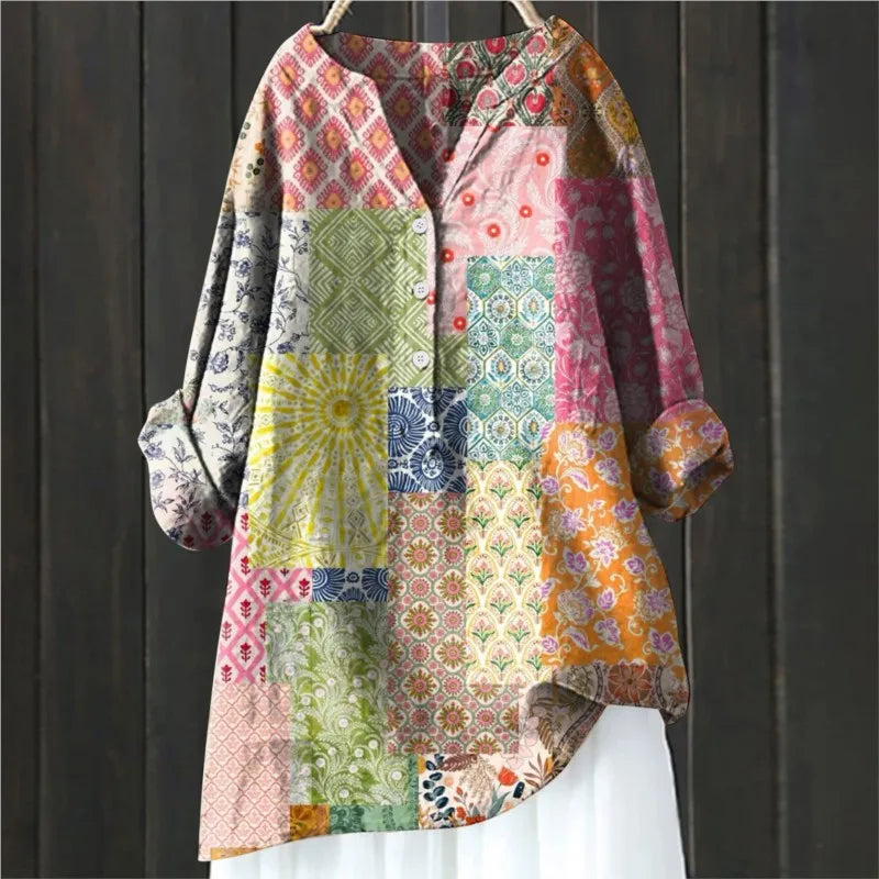 Blouse Artistique Motif Fleuri | Coupe Ample Manches Retroussables | Ligne Zen