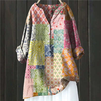 Blouse Artistique Motif Fleuri | Coupe Ample Manches Retroussables | Ligne Zen