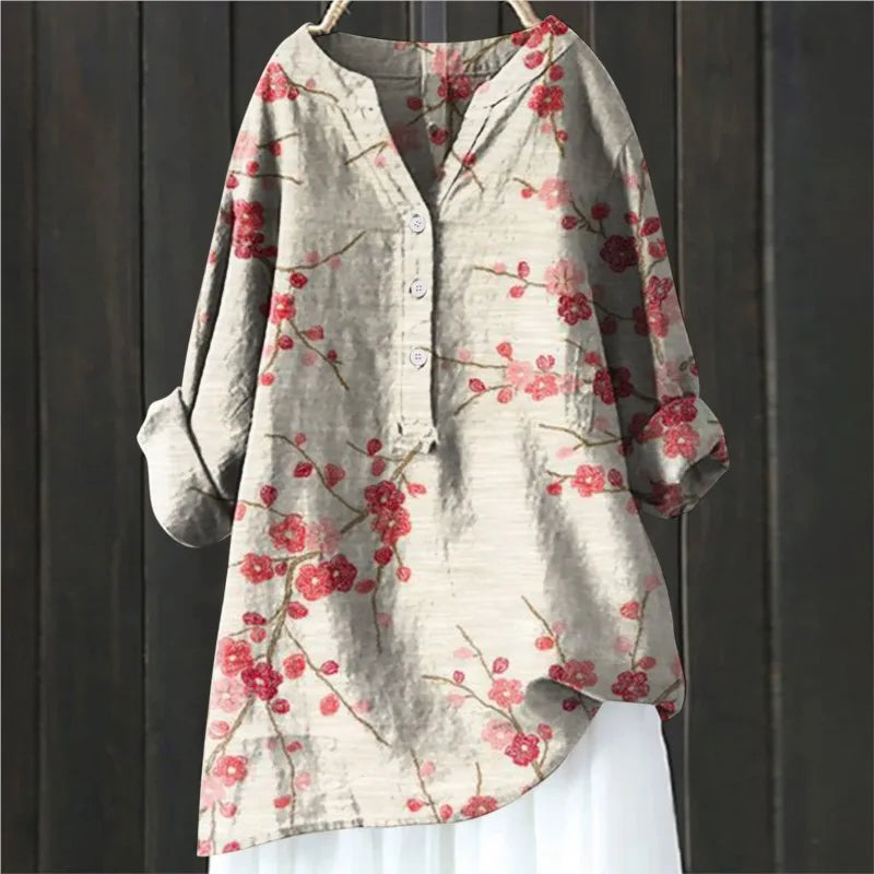 Blouse Artistique Motif Fleuri | Coupe Ample Manches Retroussables | Ligne Zen