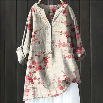 Blouse Artistique Motif Fleuri | Coupe Ample Manches Retroussables | Ligne Zen