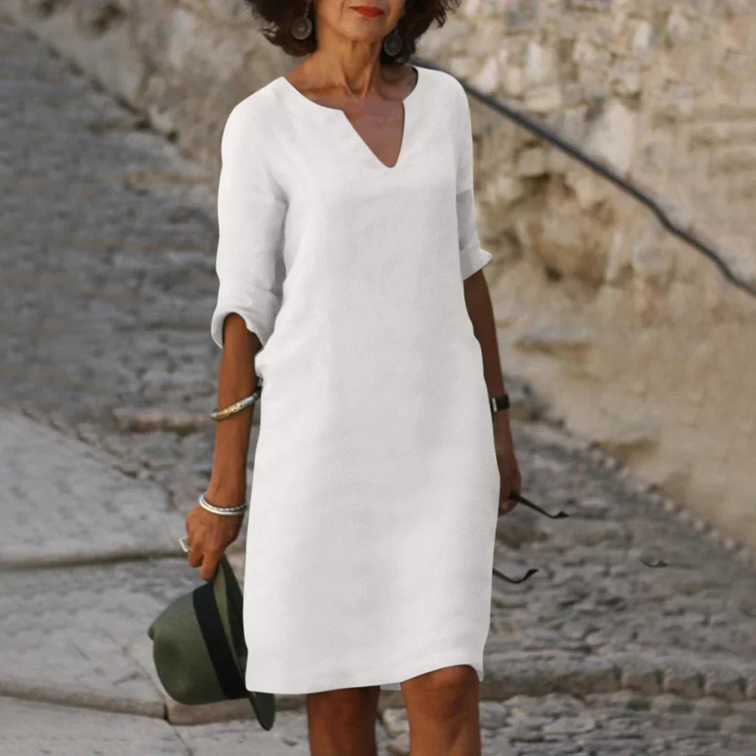 Robe Col V Mousseline | Décolleté en V et Manches Trois Quarts | Ligne Épure