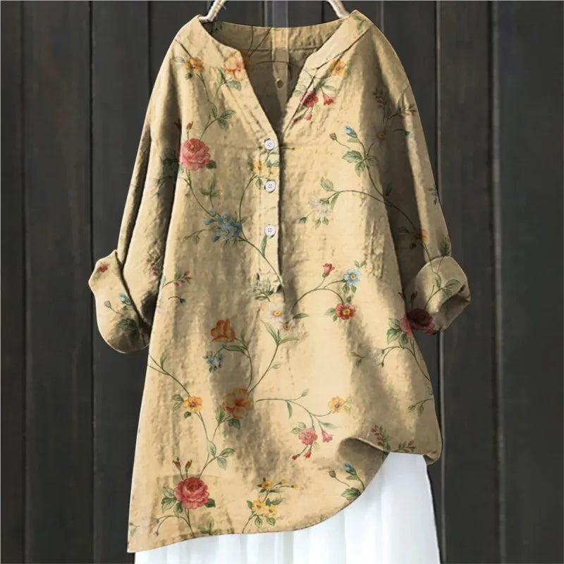 Blouse Artistique Motif Fleuri | Coupe Ample Manches Retroussables | Ligne Zen