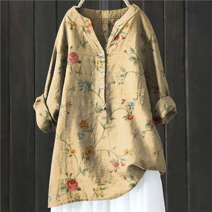 Blouse Artistique Motif Fleuri | Coupe Ample Manches Retroussables | Ligne Zen