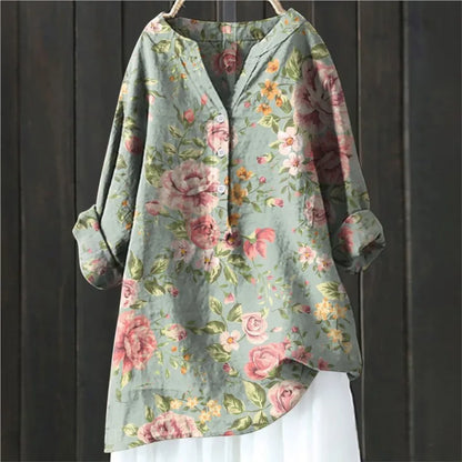 Blouse Artistique Motif Fleuri | Coupe Ample Manches Retroussables | Ligne Zen