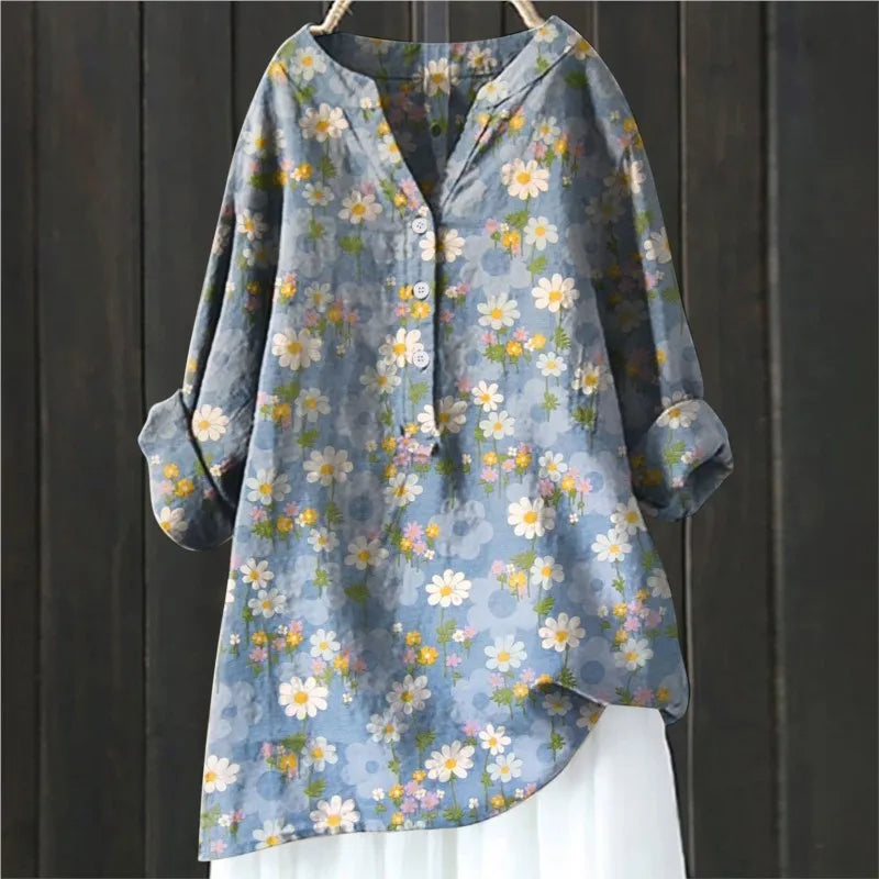 Blouse Artistique Motif Fleuri | Coupe Ample Manches Retroussables | Ligne Zen