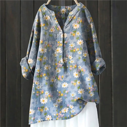 Blouse Artistique Motif Fleuri | Coupe Ample Manches Retroussables | Ligne Zen