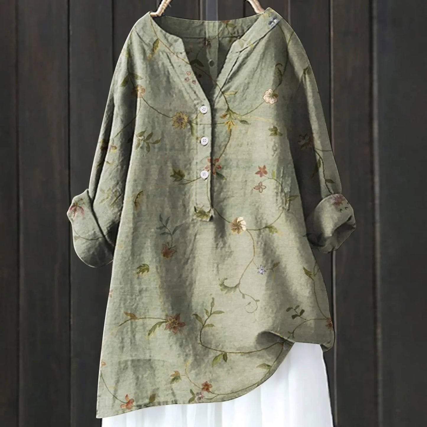 Blouse Artistique Motif Fleuri | Coupe Ample Manches Retroussables | Ligne Zen
