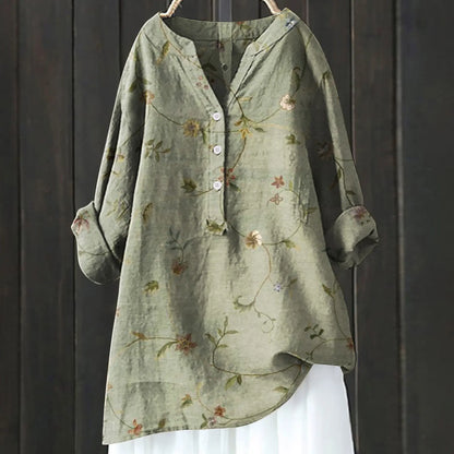 Blouse Artistique Motif Fleuri | Coupe Ample Manches Retroussables | Ligne Zen